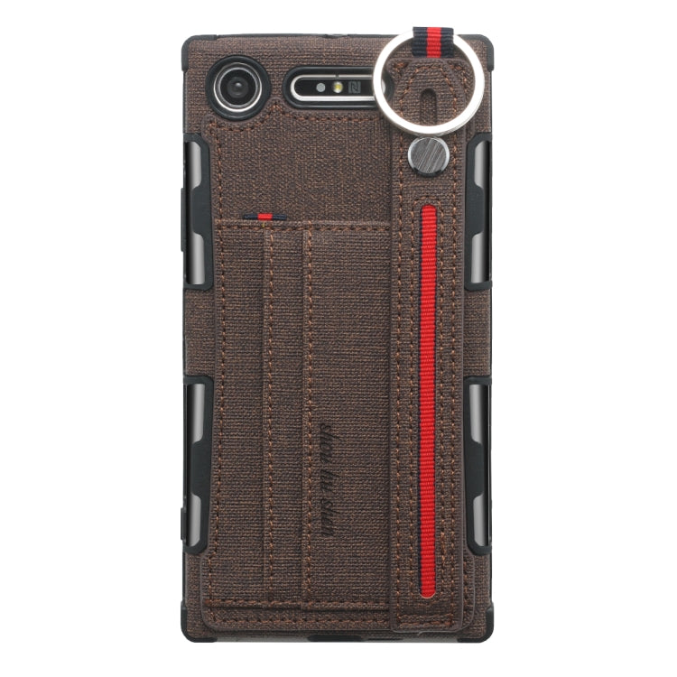 For Sony Xperia XZ1 Cloth Texture + TPU Shockproof Protective Case with Metal Ring & Holder & Card Slots & Hanging Strap