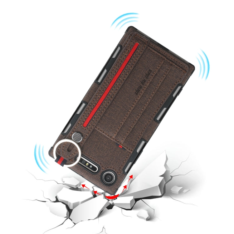 For Sony Xperia XZ1 Cloth Texture + TPU Shockproof Protective Case with Metal Ring & Holder & Card Slots & Hanging Strap