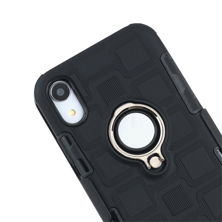 For iPhone XR 3 In 1 Cube PC + TPU Protective Case with 360 Degrees Rotate Silver Ring Holder