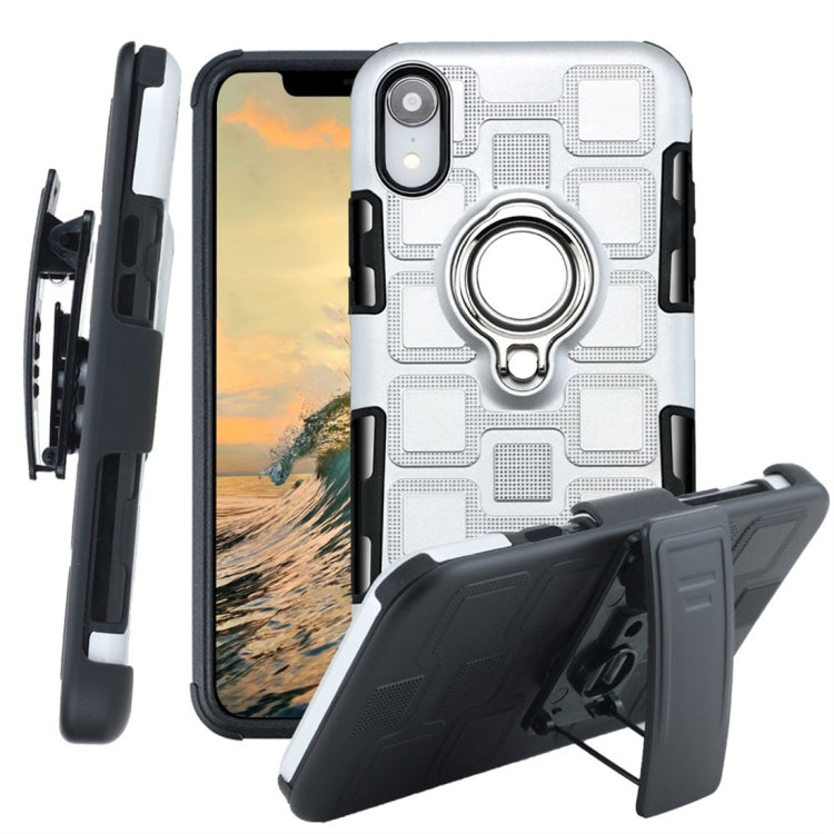 For iPhone XR 3 In 1 Cube PC + TPU Protective Case with 360 Degrees Rotate Silver Ring Holder