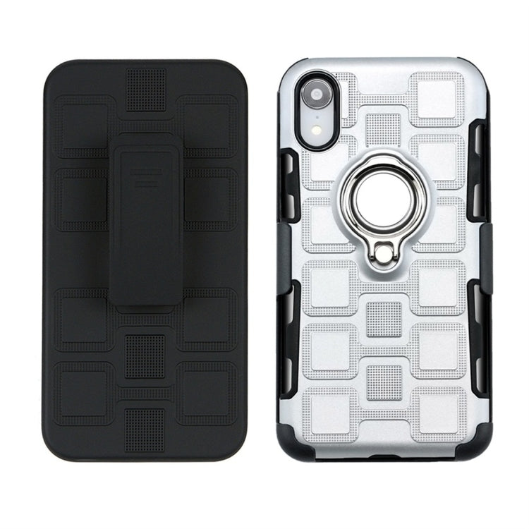 For iPhone XR 3 In 1 Cube PC + TPU Protective Case with 360 Degrees Rotate Silver Ring Holder