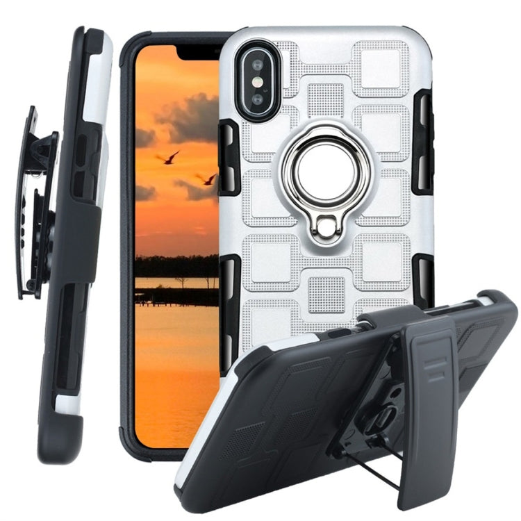 For iPhone XS Max 3 In 1 Cube PC + TPU Protective Case with 360 Degrees Rotate Silver Ring Holder