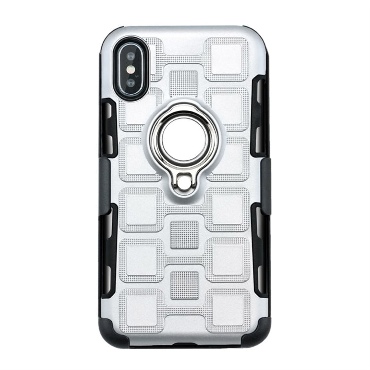 For iPhone XS Max 3 In 1 Cube PC + TPU Protective Case with 360 Degrees Rotate Silver Ring Holder