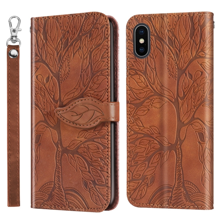 For iPhone X / XS Life of Tree Embossing Pattern Horizontal Flip Leather Case with Holder & Card Slot & Wallet & Photo Frame & Lanyard