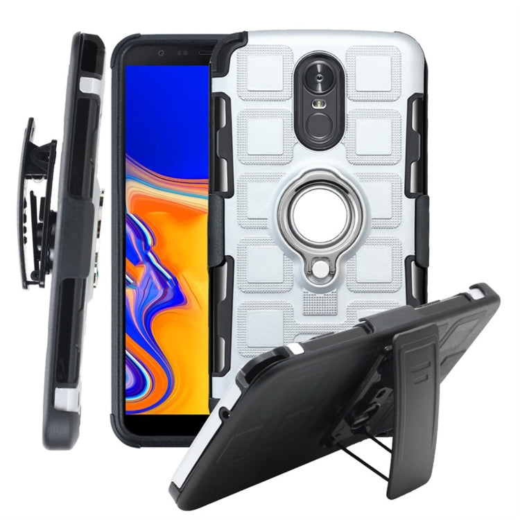 For LG Stylo 3 3 In 1 Cube PC + TPU Protective Case with 360 Degrees Rotate Silver Ring Holder