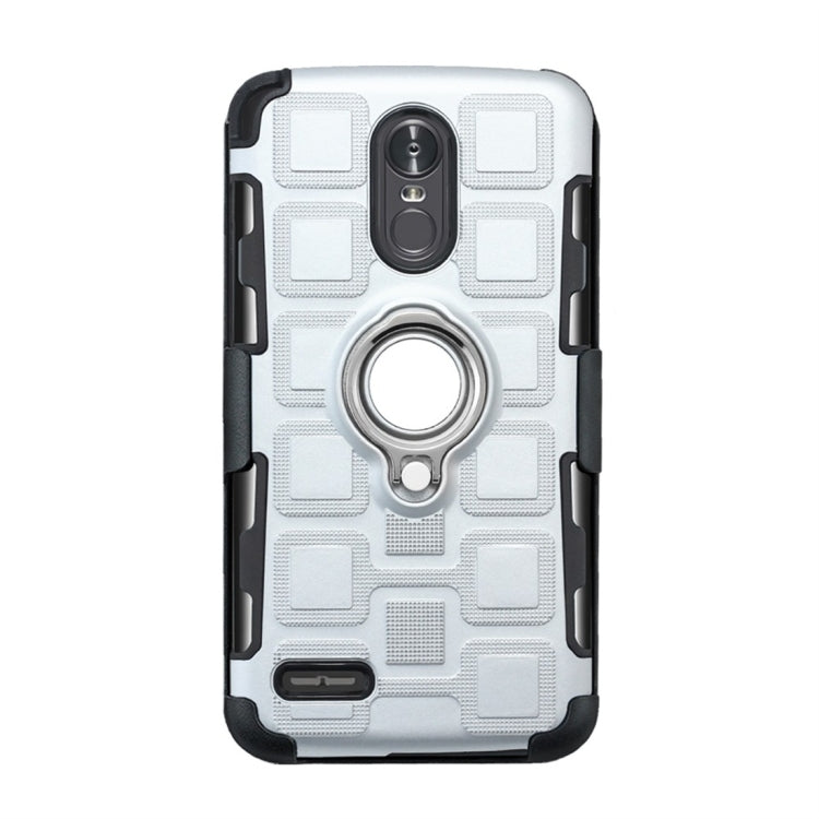 For LG Stylo 3 3 In 1 Cube PC + TPU Protective Case with 360 Degrees Rotate Silver Ring Holder