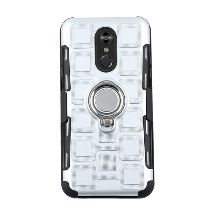 For LG Q Stylo 4 / Q Stylus 3 In 1 Cube PC + TPU Protective Case with 360 Degrees Rotate Silver Ring Holder