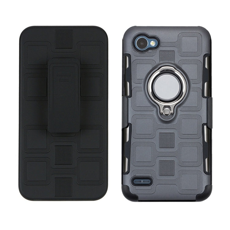 For LG Q6 3 In 1 Cube PC + TPU Protective Case with 360 Degrees Rotate Silver Ring Holder