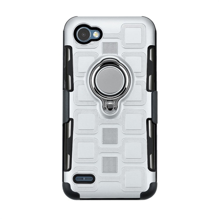 For LG Q6 3 In 1 Cube PC + TPU Protective Case with 360 Degrees Rotate Silver Ring Holder