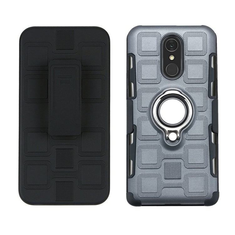 For LG Q7 3 In 1 Cube PC + TPU Protective Case with 360 Degrees Rotate Silver Ring Holder