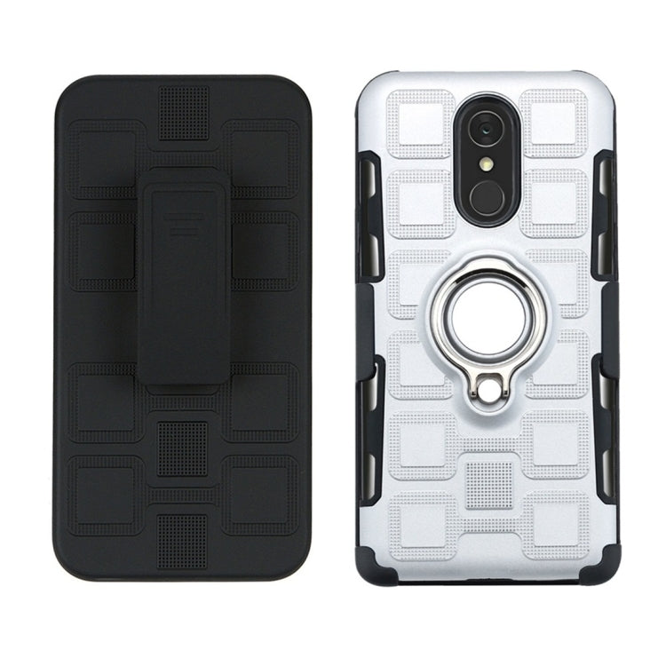For LG Q7 3 In 1 Cube PC + TPU Protective Case with 360 Degrees Rotate Silver Ring Holder