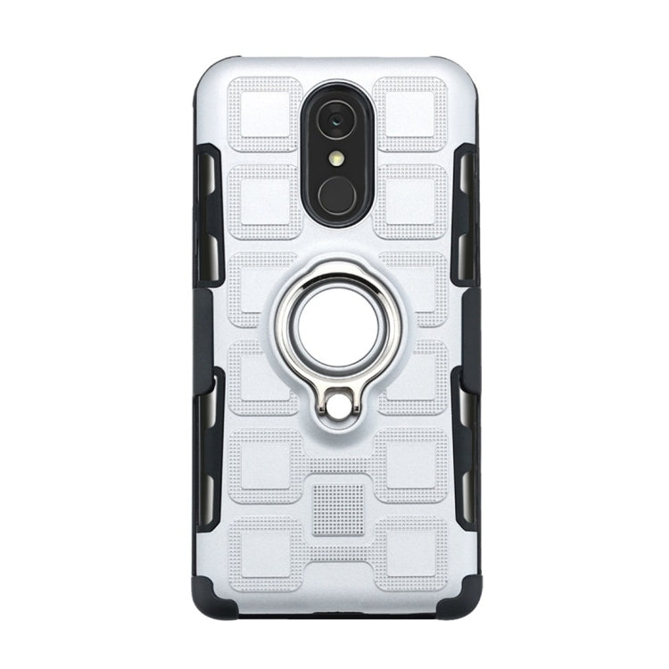 For LG Q7 3 In 1 Cube PC + TPU Protective Case with 360 Degrees Rotate Silver Ring Holder