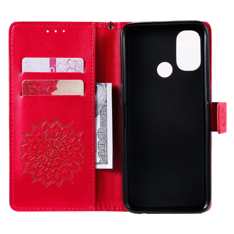 For OnePlus Nord N100 Sun Embossing Pattern Horizontal Flip Leather Case with Card Slot & Holder & Wallet & Lanyard