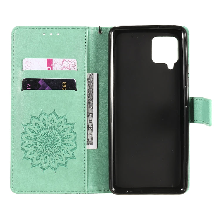 For Samsung Galaxy A42 5G Sun Embossing Pattern Horizontal Flip Leather Case with Card Slot & Holder & Wallet & Lanyard
