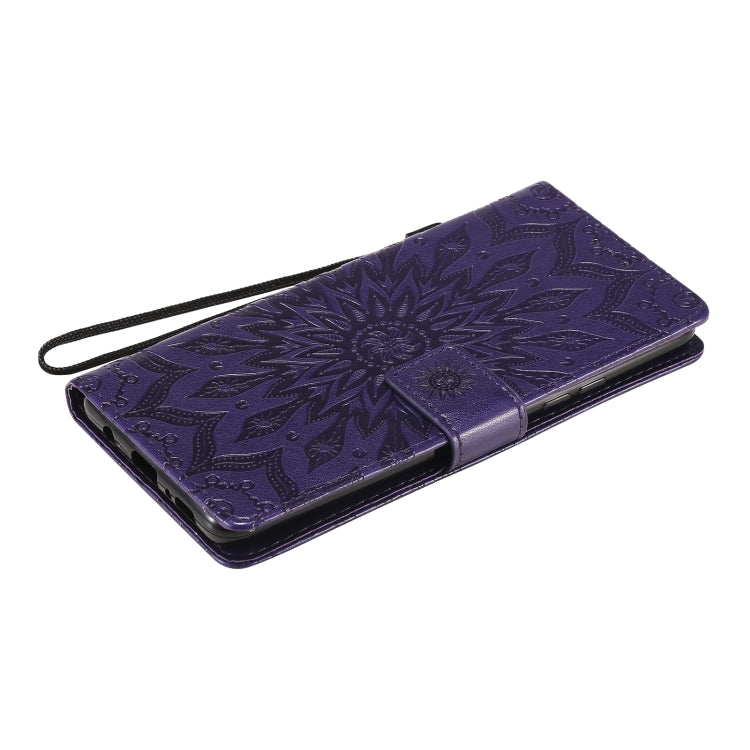 For Samsung Galaxy A42 5G Sun Embossing Pattern Horizontal Flip Leather Case with Card Slot & Holder & Wallet & Lanyard
