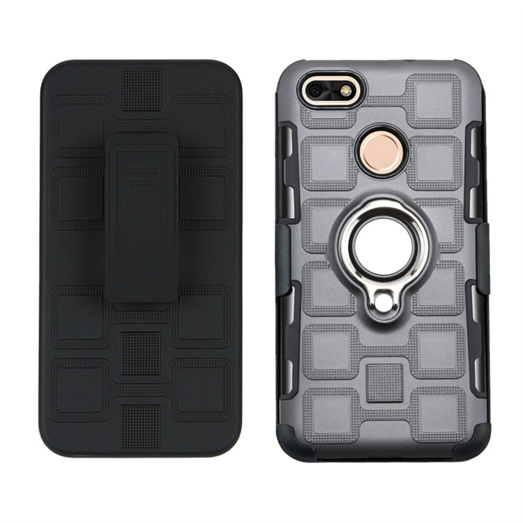 For Huawei P9 lite mini 3 In 1 Cube PC + TPU Protective Case with 360 Degrees Rotate Silver Ring Holder
