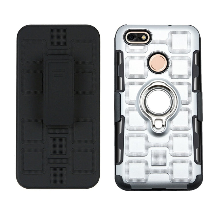 For Huawei P9 lite mini 3 In 1 Cube PC + TPU Protective Case with 360 Degrees Rotate Silver Ring Holder