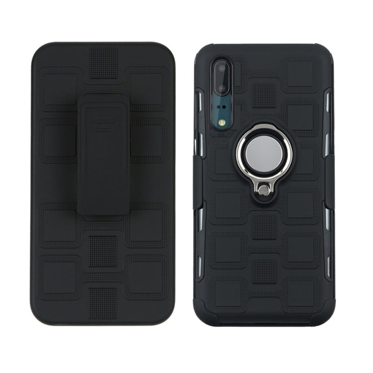 For Huawei P20 3 In 1 Cube PC + TPU Protective Case with 360 Degrees Rotate Silver Ring Holder