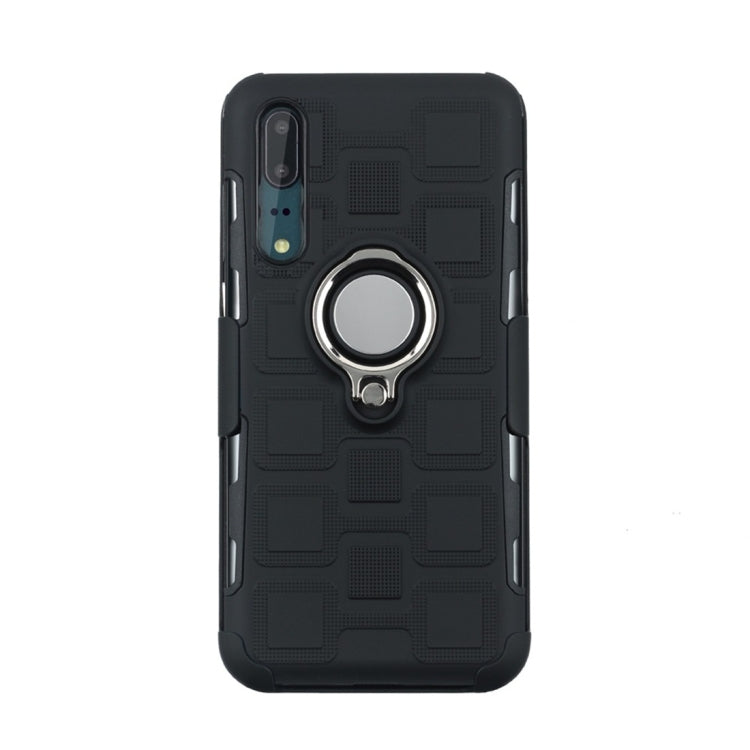 For Huawei P20 3 In 1 Cube PC + TPU Protective Case with 360 Degrees Rotate Silver Ring Holder