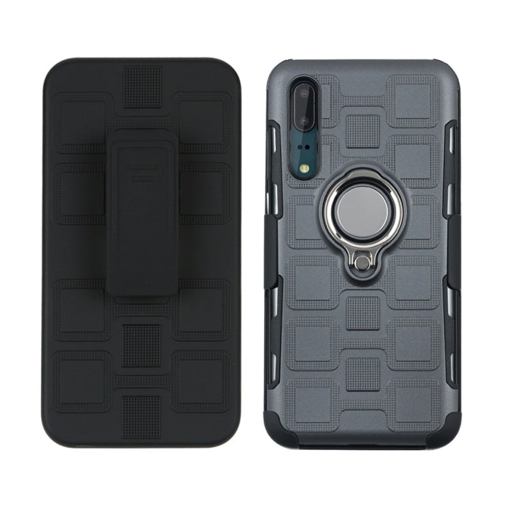 For Huawei P20 3 In 1 Cube PC + TPU Protective Case with 360 Degrees Rotate Silver Ring Holder