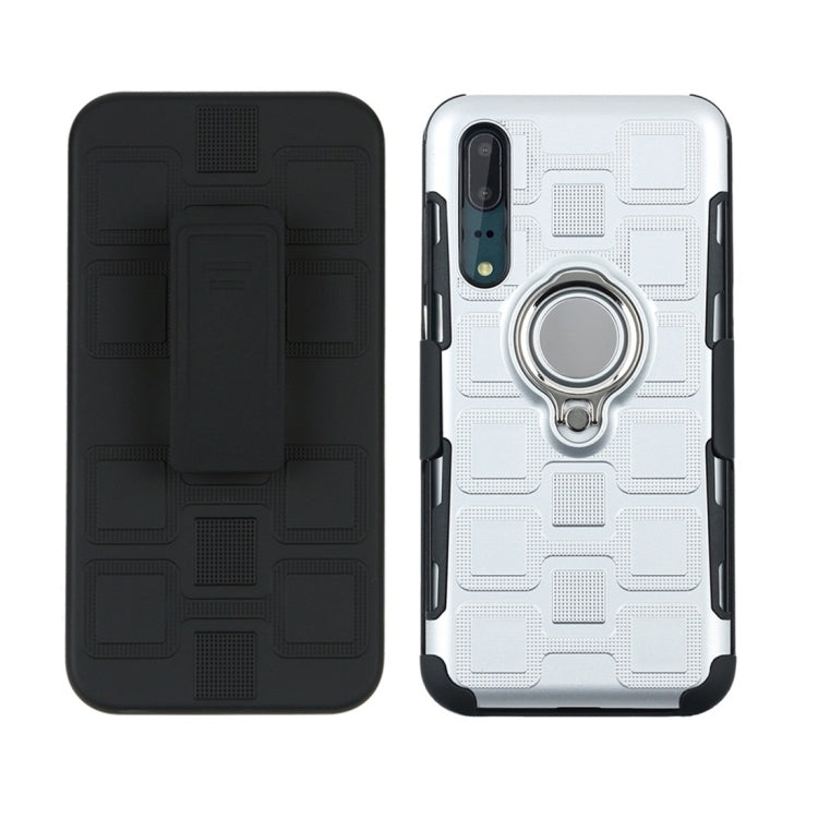 For Huawei P20 3 In 1 Cube PC + TPU Protective Case with 360 Degrees Rotate Silver Ring Holder