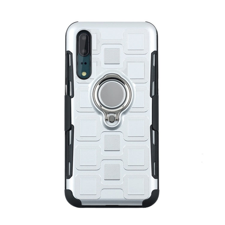 For Huawei P20 3 In 1 Cube PC + TPU Protective Case with 360 Degrees Rotate Silver Ring Holder