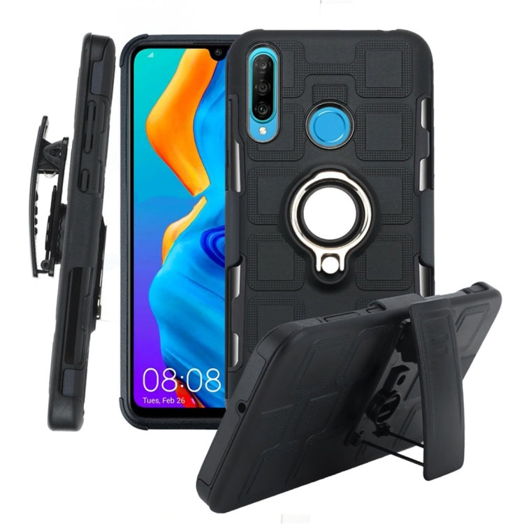 For Huawei P30 Lite 3 In 1 Cube PC + TPU Protective Case with 360 Degrees Rotate Silver Ring Holder
