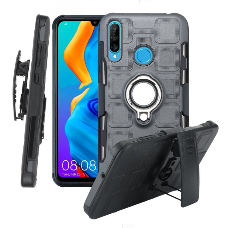 For Huawei P30 Lite 3 In 1 Cube PC + TPU Protective Case with 360 Degrees Rotate Silver Ring Holder