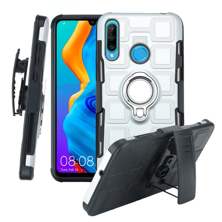 For Huawei P30 Lite 3 In 1 Cube PC + TPU Protective Case with 360 Degrees Rotate Silver Ring Holder