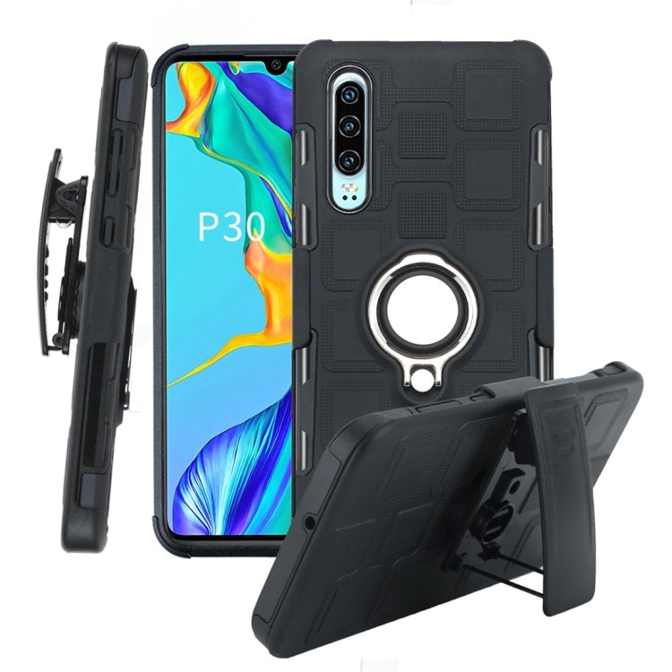 For Huawei P30 3 In 1 Cube PC + TPU Protective Case with 360 Degrees Rotate Silver Ring Holder