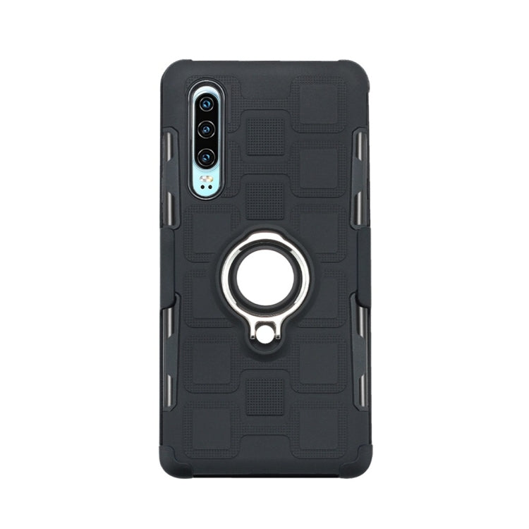 For Huawei P30 3 In 1 Cube PC + TPU Protective Case with 360 Degrees Rotate Silver Ring Holder