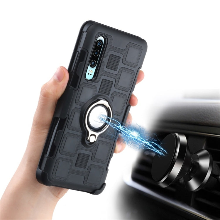 For Huawei P30 3 In 1 Cube PC + TPU Protective Case with 360 Degrees Rotate Silver Ring Holder