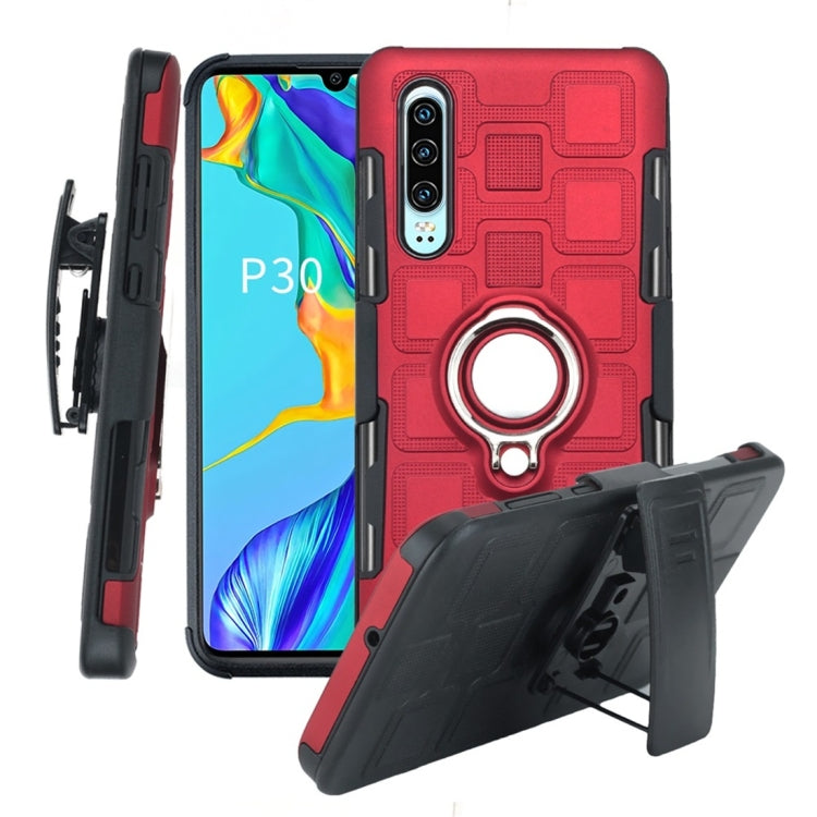 For Huawei P30 3 In 1 Cube PC + TPU Protective Case with 360 Degrees Rotate Silver Ring Holder