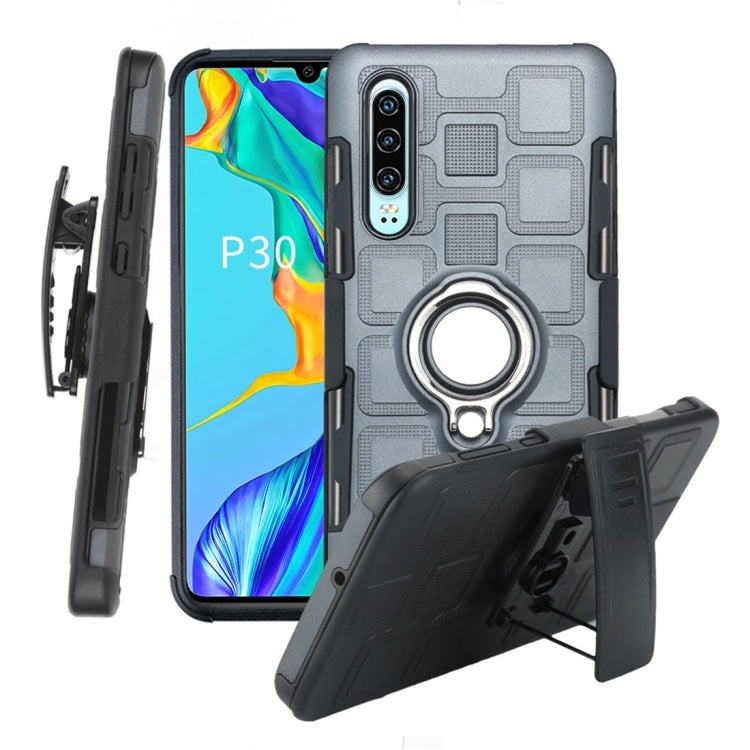 For Huawei P30 3 In 1 Cube PC + TPU Protective Case with 360 Degrees Rotate Silver Ring Holder
