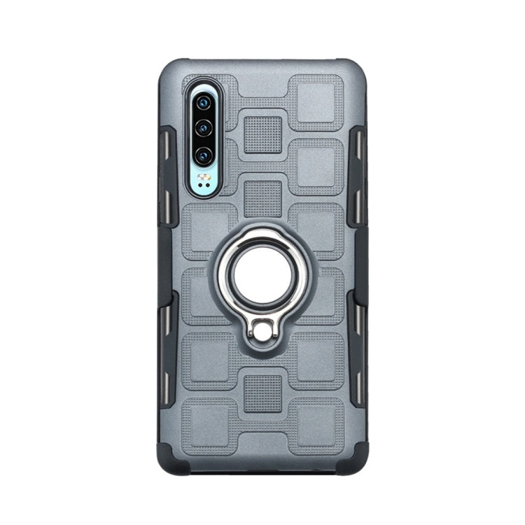 For Huawei P30 3 In 1 Cube PC + TPU Protective Case with 360 Degrees Rotate Silver Ring Holder