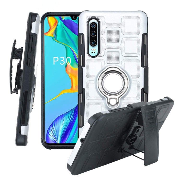 For Huawei P30 3 In 1 Cube PC + TPU Protective Case with 360 Degrees Rotate Silver Ring Holder