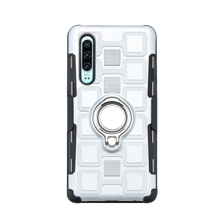 For Huawei P30 3 In 1 Cube PC + TPU Protective Case with 360 Degrees Rotate Silver Ring Holder