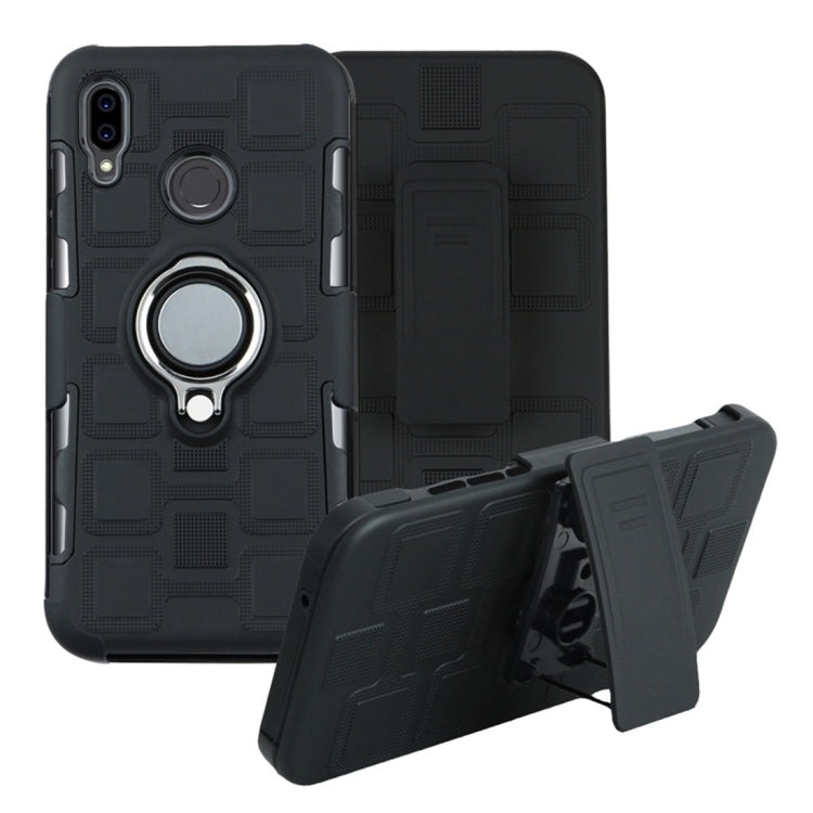 For Huawei P Smart (2019) 3 In 1 Cube PC + TPU Protective Case with 360 Degrees Rotate Silver Ring Holder