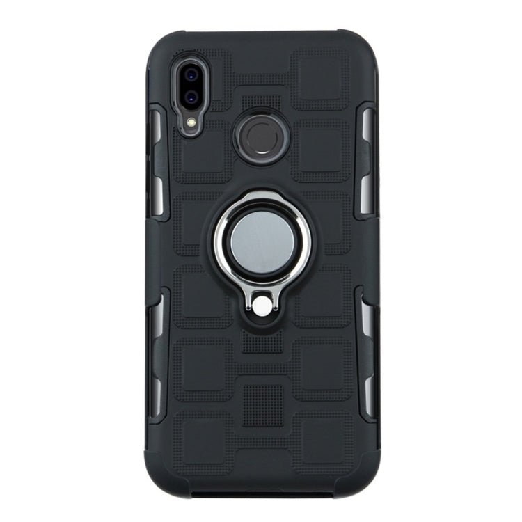 For Huawei P Smart (2019) 3 In 1 Cube PC + TPU Protective Case with 360 Degrees Rotate Silver Ring Holder