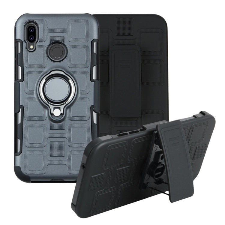 For Huawei P Smart (2019) 3 In 1 Cube PC + TPU Protective Case with 360 Degrees Rotate Silver Ring Holder