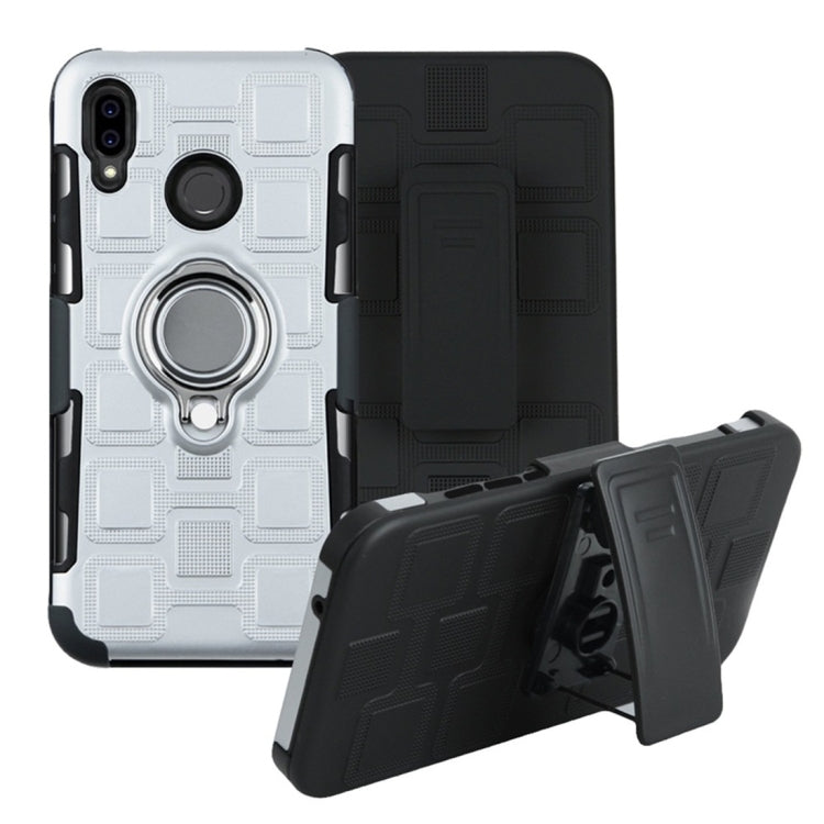 For Huawei P Smart (2019) 3 In 1 Cube PC + TPU Protective Case with 360 Degrees Rotate Silver Ring Holder
