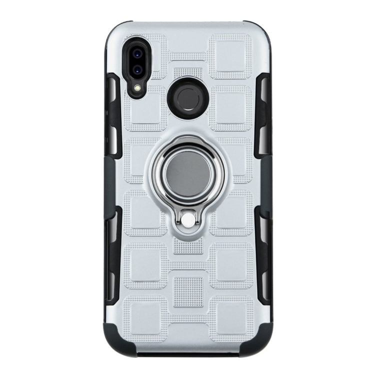For Huawei P Smart (2019) 3 In 1 Cube PC + TPU Protective Case with 360 Degrees Rotate Silver Ring Holder
