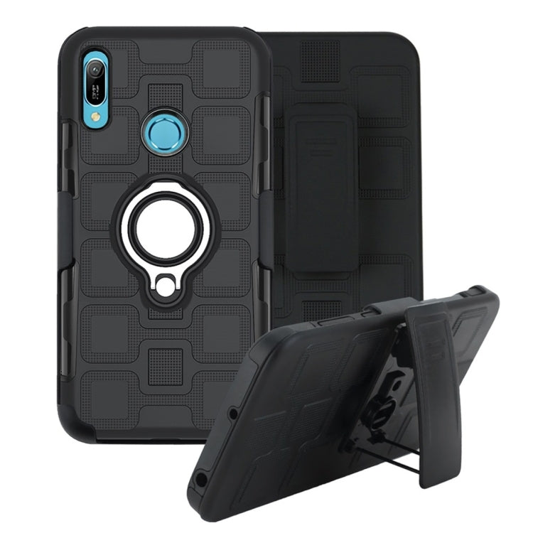 For Huawei Y6 (2019) 3 In 1 Cube PC + TPU Protective Case with 360 Degrees Rotate Silver Ring Holder