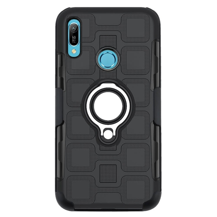 For Huawei Y6 (2019) 3 In 1 Cube PC + TPU Protective Case with 360 Degrees Rotate Silver Ring Holder