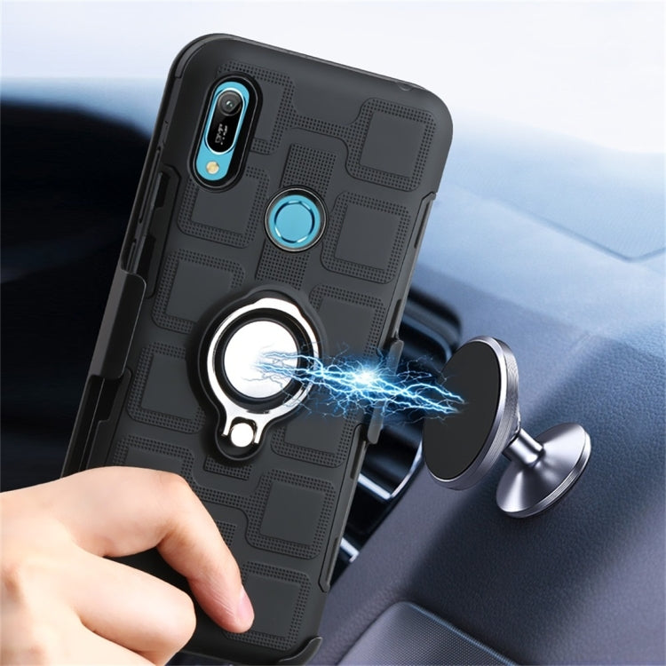 For Huawei Y6 (2019) 3 In 1 Cube PC + TPU Protective Case with 360 Degrees Rotate Silver Ring Holder