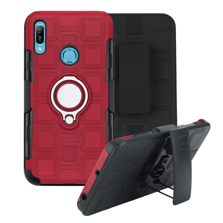 For Huawei Y6 (2019) 3 In 1 Cube PC + TPU Protective Case with 360 Degrees Rotate Silver Ring Holder