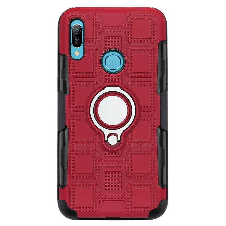 For Huawei Y6 (2019) 3 In 1 Cube PC + TPU Protective Case with 360 Degrees Rotate Silver Ring Holder