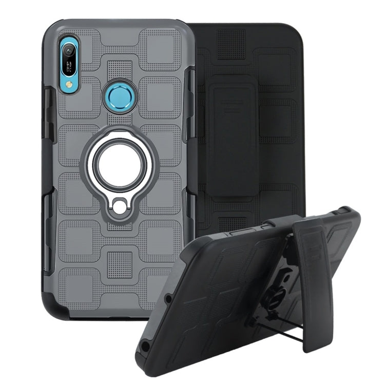 For Huawei Y6 (2019) 3 In 1 Cube PC + TPU Protective Case with 360 Degrees Rotate Silver Ring Holder