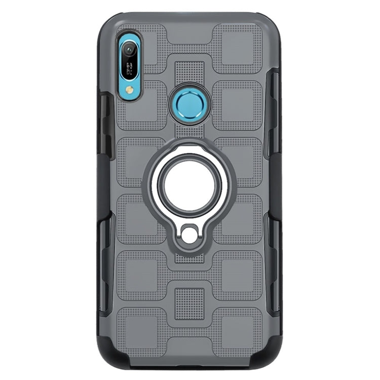 For Huawei Y6 (2019) 3 In 1 Cube PC + TPU Protective Case with 360 Degrees Rotate Silver Ring Holder