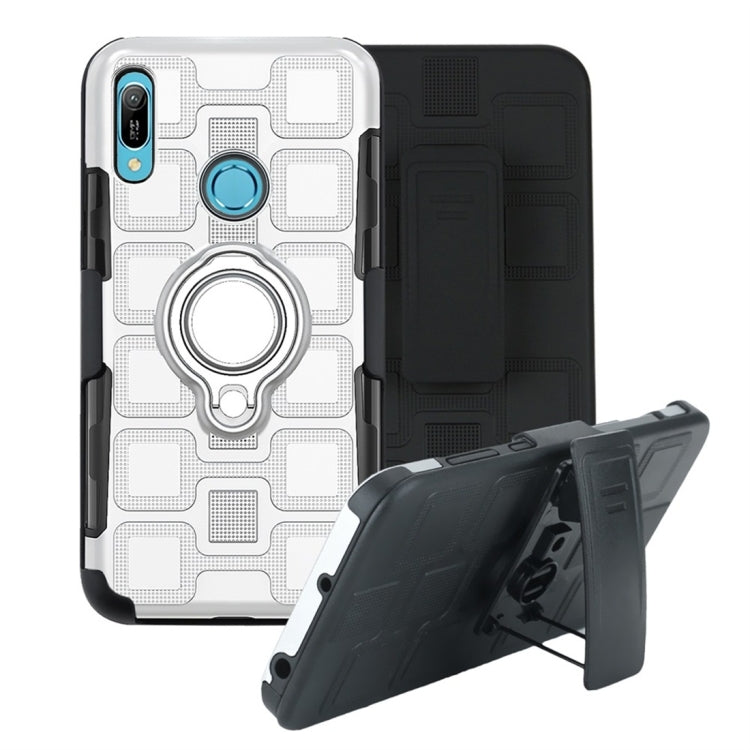 For Huawei Y6 (2019) 3 In 1 Cube PC + TPU Protective Case with 360 Degrees Rotate Silver Ring Holder
